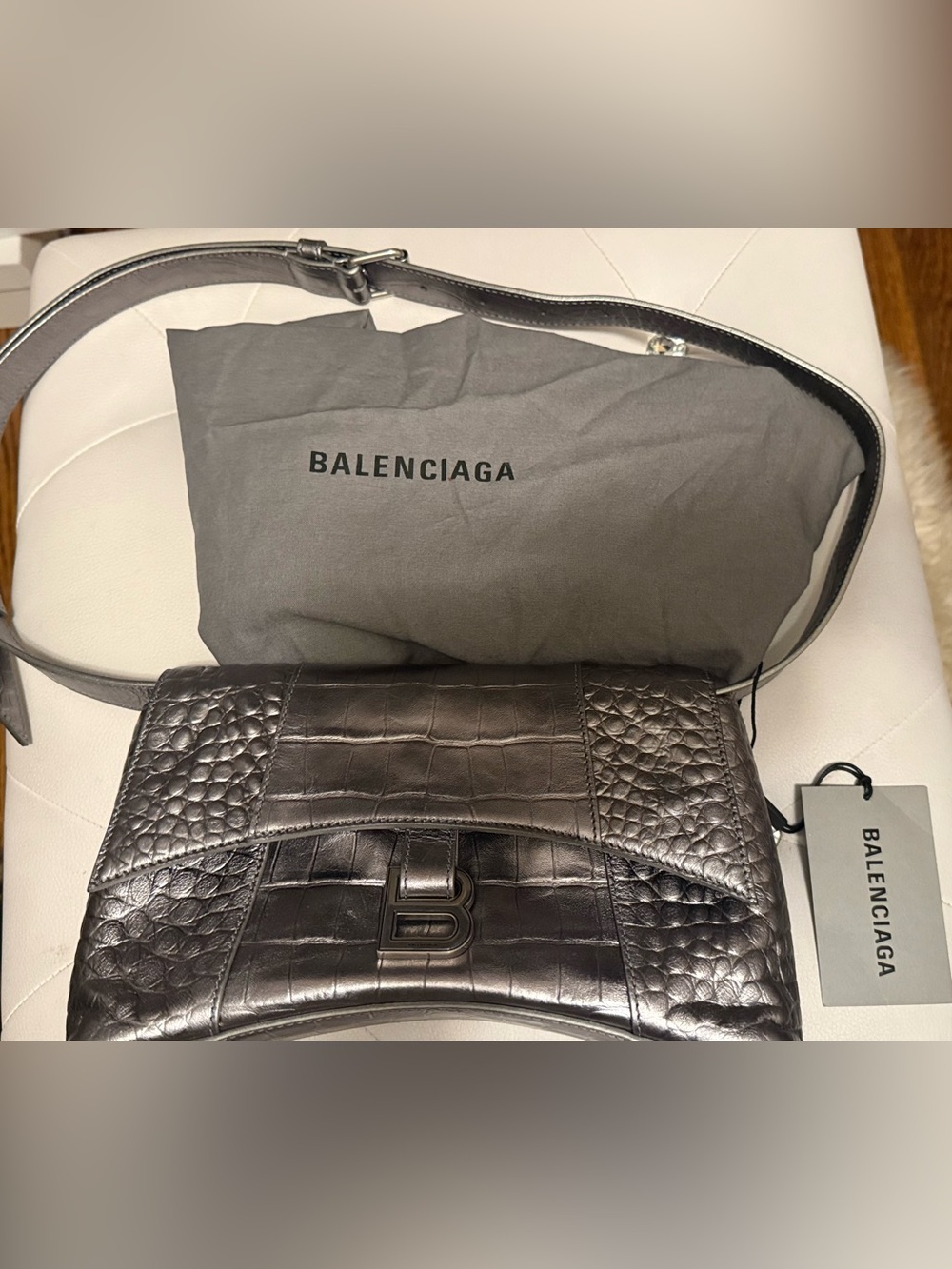 Balenciaga Metallic Gray Croc-Embossed Hourglass Downtown XSmall Shoulder Bag